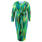 Plus Size Irregular Stripe Long Sleeve Long Dress GDAM-218508