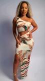 Slash Shoulder Print Hollow Out Maxi Dress QODY-6037