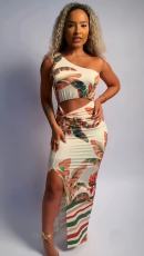 Slash Shoulder Print Hollow Out Maxi Dress QODY-6037