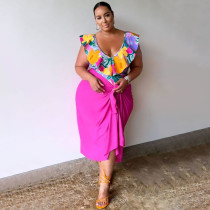Plus Size V Neck Print Bodysuit And Half Skirt Suit NNWF-7993