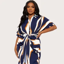 Plus Size Stripe Print Tie Up Short Sleeve Midi Dress GDAM-218615