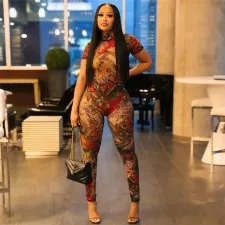 Sexy Backless Print See Through Mesh Jumpsuit XEF-47149