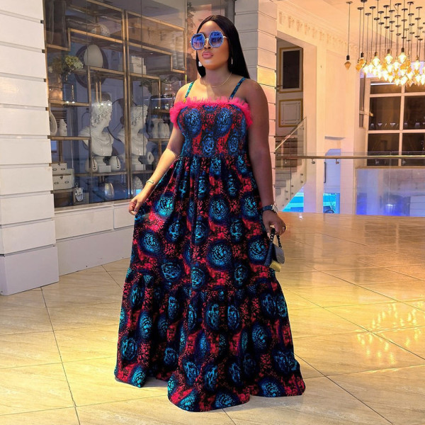Sling Printed Loose Big Swing Maxi Dress CYA-901254