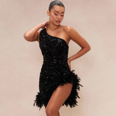 Sequin Slash Shoulder Feather Splicing Midi Dress CYA-901312