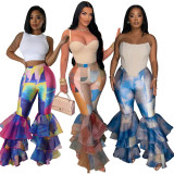 Tie-Dye Printed Slim Fit Ruffle Flared Pants CYA-901251
