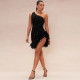 Sequin Slash Shoulder Feather Splicing Midi Dress CYA-901312