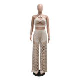 Sexy Halter Vest And Hollow Out Wide Pants 2 Piece Set CYA-901285