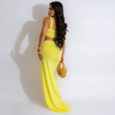Solid Color Crop Tops And Split Skirt 2 Piece Set CYA-901274