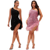 Sequin Slash Shoulder Feather Splicing Midi Dress CYA-901312