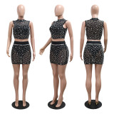 Hot Drill Sleeveless Mesh Two Piece Skirts Set CYA-901266