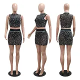 Hot Drill Sleeveless Mesh Two Piece Skirts Set CYA-901266