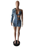Off Shoulder Single Sleeve Fashion Denim Dress MEM-88588