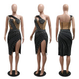 Sexy Slant Neck High Split Hot Drill Evening Dress CYA-901216