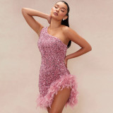 Sequin Slash Shoulder Feather Splicing Midi Dress CYA-901312