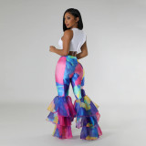 Tie-Dye Printed Slim Fit Ruffle Flared Pants CYA-901251