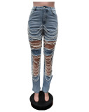 Fashion Holes Pearl Chain Jeans MEM-88586