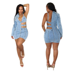 Off Shoulder Single Sleeve Fashion Denim Dress MEM-88588