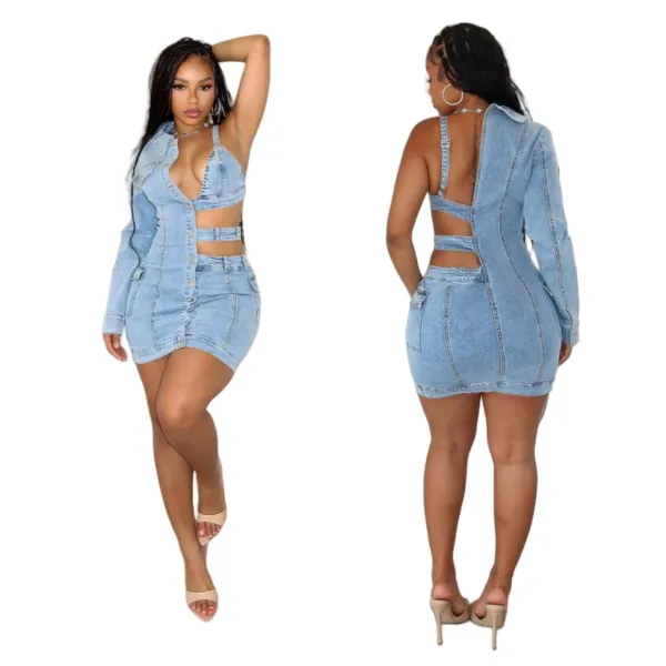 Off Shoulder Single Sleeve Fashion Denim Dress MEM-88588