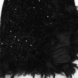 Sequin Slash Shoulder Feather Splicing Midi Dress CYA-901312