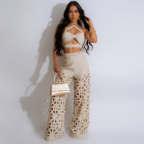 Sexy Halter Vest And Hollow Out Wide Pants 2 Piece Set CYA-901285