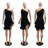 Sequin Slash Shoulder Feather Splicing Midi Dress CYA-901312