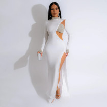 Hot Drill Hollow Out Long Sleeve Split Maxi Dress CYA-901237
