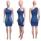 Slant Shoulder Tight Waist Washed Denim Mini Dress LX-6977