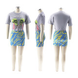 Print Short Sleeve T Shirt And Mini Skirt Two Piece Set SFY-475