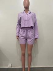 Solid Color Short Sleeve Two Piece Shorts Set OLYF-6152