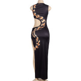 Sleeveless Snake Print Hollow Out Split Long Dress GAXB-A506DS