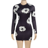 Long Sleeve Floral Printed Slim Mini Dress GAXB-A439DS