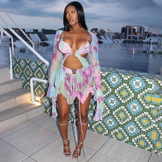 Long Sleeve Tie Up Print Irregular Skirt Suit GAXB-W092ST