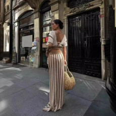 Fashion V Neck Stripe Knits Contrast Color Pants Suit WAF-77675