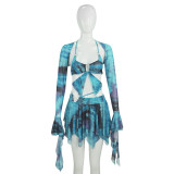 Long Sleeve Tie Up Print Irregular Skirt Suit GAXB-W092ST