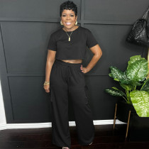 Solid Color O Neck Tops And Pants 2 Piece Set WAF-77674