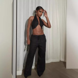 Sexy Solid Halter Wrap Top Wide Leg Pants Suit LSL-LS0006