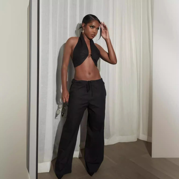 Sexy Solid Halter Wrap Top Wide Leg Pants Suit LSL-LS0006