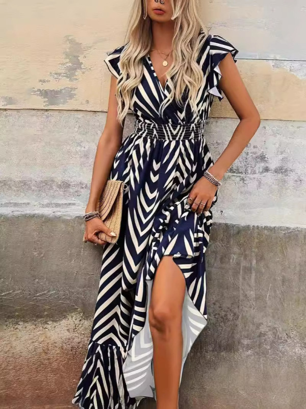 Fashion V Neck Print Big Swing Maxi Dress OD-D8693