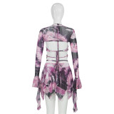 Long Sleeve Tie Up Print Irregular Skirt Suit GAXB-W092ST