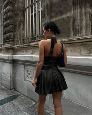 Fashion V-neck Sleeveless Vest Top Pleated Skirt Set MDF-5500