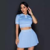Round Neck Short Sleeve Pleated Two Piece Skirt Set OSM-AJ4461