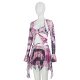 Long Sleeve Tie Up Print Irregular Skirt Suit GAXB-W092ST