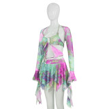 Long Sleeve Tie Up Print Irregular Skirt Suit GAXB-W092ST