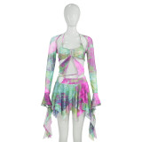 Long Sleeve Tie Up Print Irregular Skirt Suit GAXB-W092ST