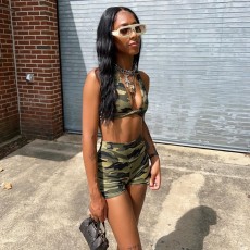Sleeveless Halter Crop Tops And Shorts Two Piece Set GAXB-A459ST