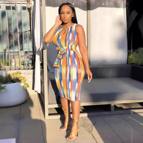 Sleeveless Tie Up Stripe Print Midi Dress LSL-LS8035