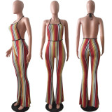 Print Stripe Backless Halter Jumpsuit LSL-LS8004