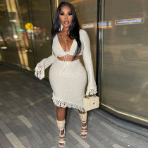 Solid Color Tie Up Tassel Two Piece Skirts Set YNSF-Y2653