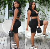 Sexy Solid Color Zipper Tops Two Piece Shorts Set LSL-LS6455