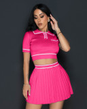 Round Neck Short Sleeve Pleated Two Piece Skirt Set OSM-AJ4461